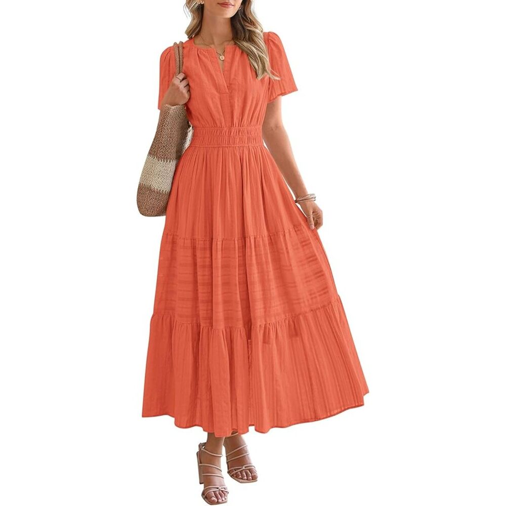 Women's Orange V Neck Short Sleeve A Line Summer Casual Maxi Dress Pockets